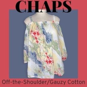 CHAPS 100% Cotton Gauzy Tropical Print Off the Shoulder Blouse